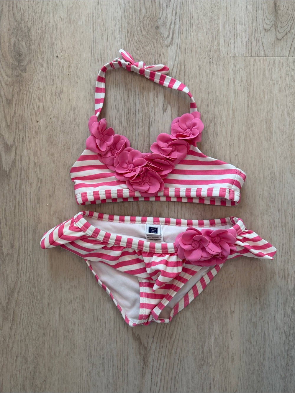 Janie and Jack Pink and White Striped Floral Appliqué Bikini swimsuit 3T 3